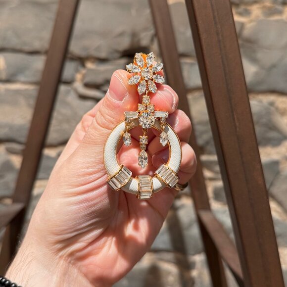 Prada Round Ivory Saffiano Leather Drop Crystal Earrings - Picture 7 of 11